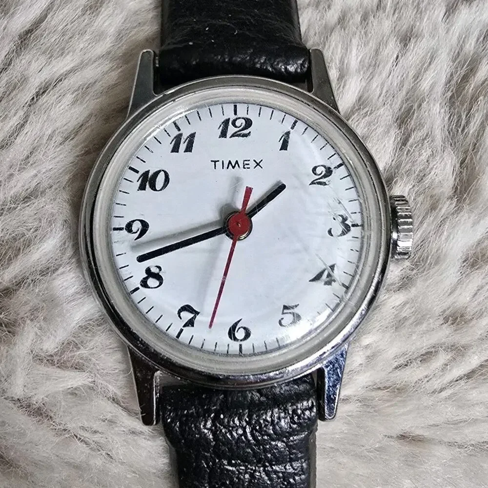 Vintage Timex Women's Wristwatch White Dial Black Leather Band Working